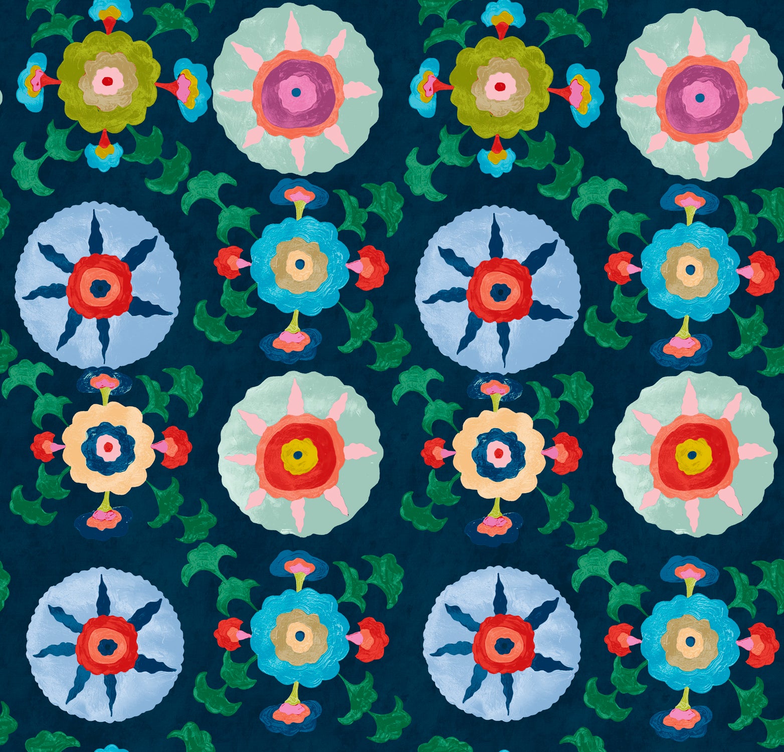 Detail of wallpaper in a playful floral pattern in a rainbow of colors on a navy field.