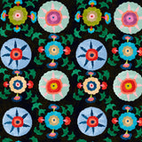 Detail of wallpaper in a playful floral pattern in a rainbow of colors on a black field.