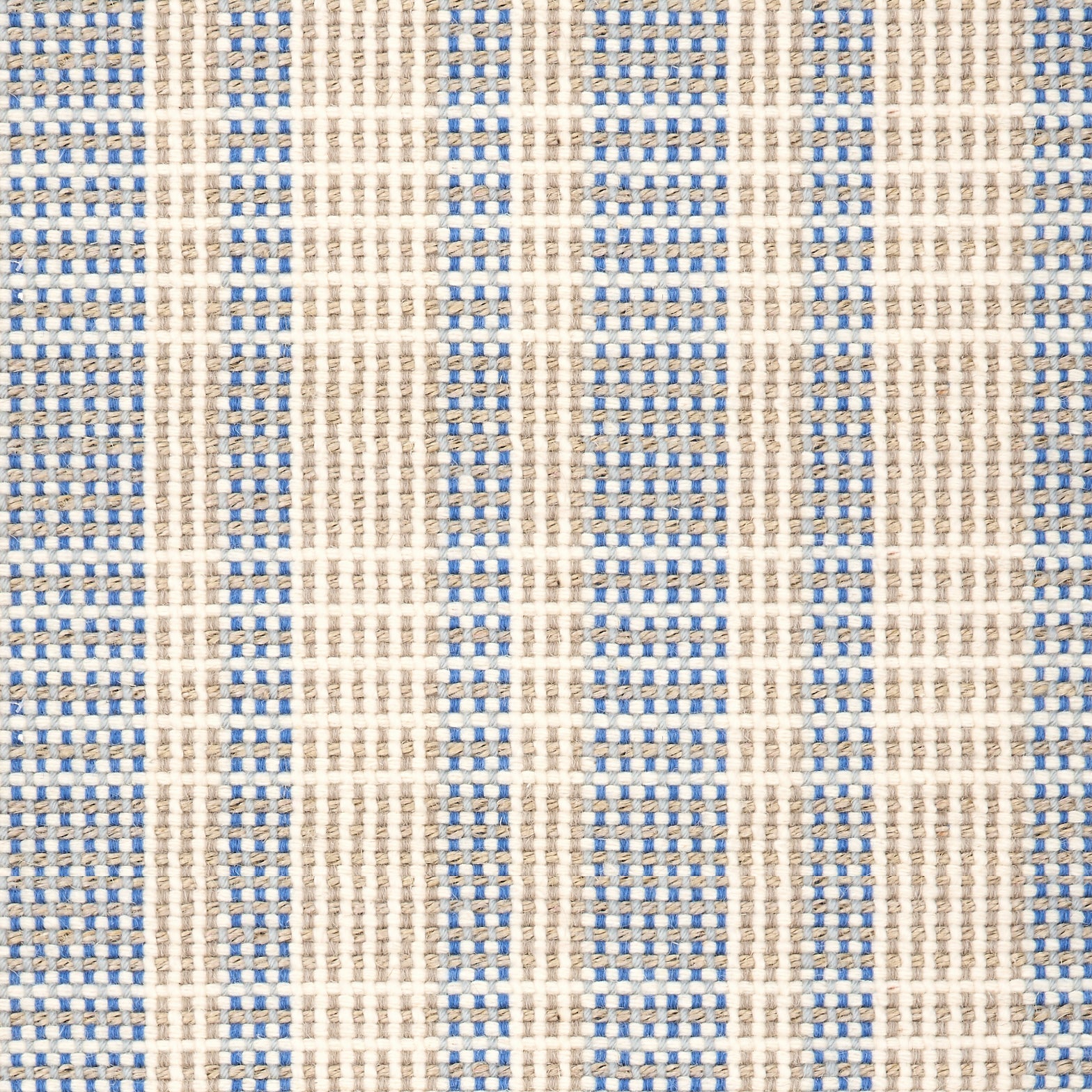 Broadloom rug with blue and beige stripes on a checkered background
