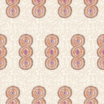Detail of wallpaper in an intricate curvilinear print in shades of cream, orange and pink.