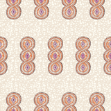 Detail of wallpaper in an intricate curvilinear print in shades of cream, orange and pink.