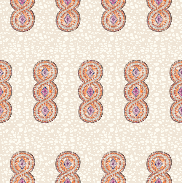 Detail of wallpaper in an intricate curvilinear print in shades of cream, orange and pink.