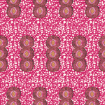 Detail of wallpaper in an intricate curvilinear print in shades of pink, red, orange and white.