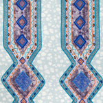 Detail of fabric in a geometric stripe pattern in shades of blue, orange and navy.