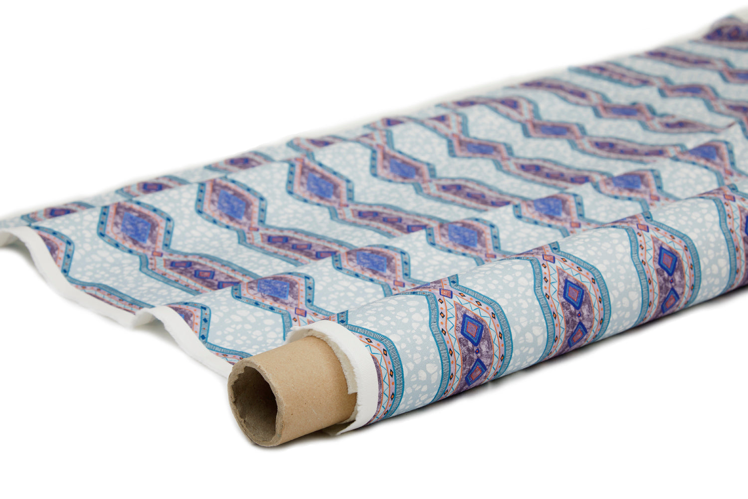 Partially unrolled fabric in a geometric stripe pattern in shades of blue, orange and navy.