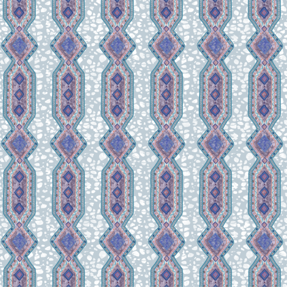 Detail of wallpaper in a geometric stripe pattern in shades of blue, purple and navy.