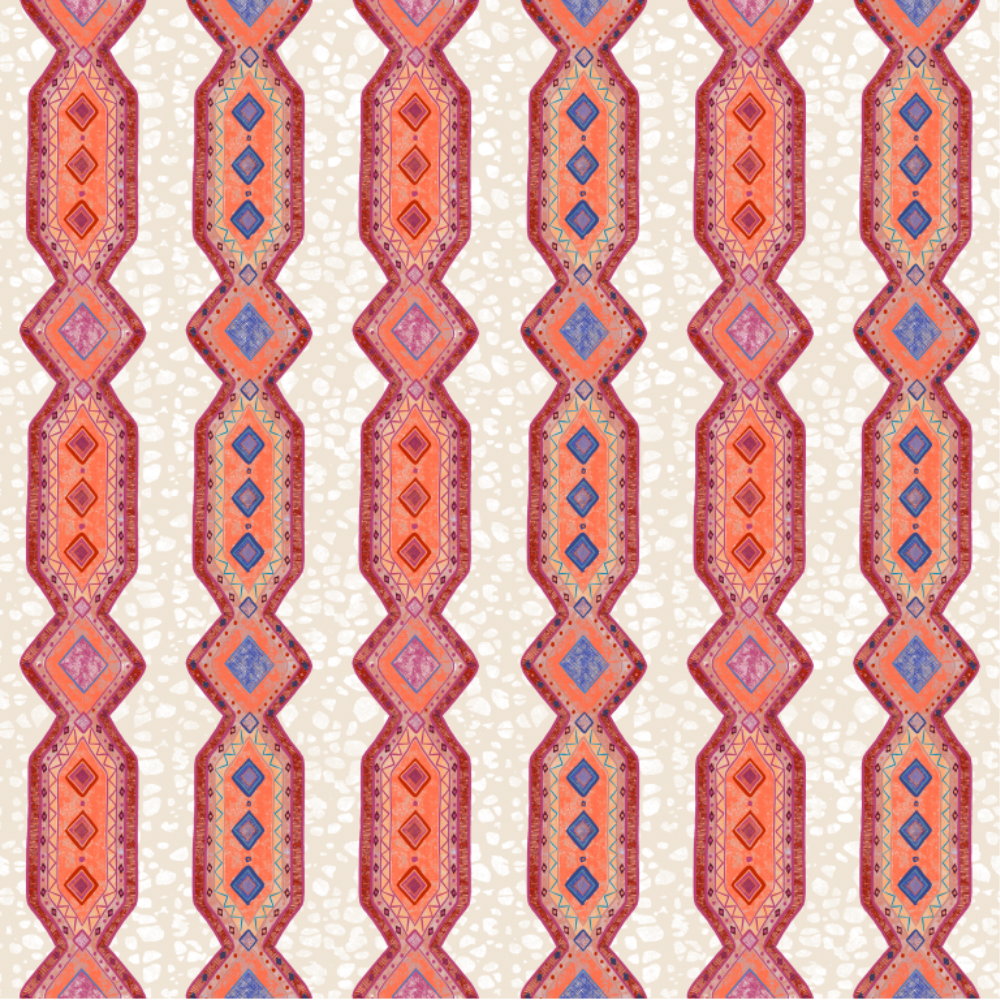 Detail of wallpaper in a geometric stripe pattern in shades of orange, blue, red and cream.