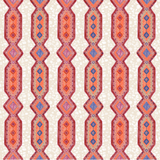 Detail of wallpaper in a geometric stripe pattern in shades of orange, blue, red and cream.