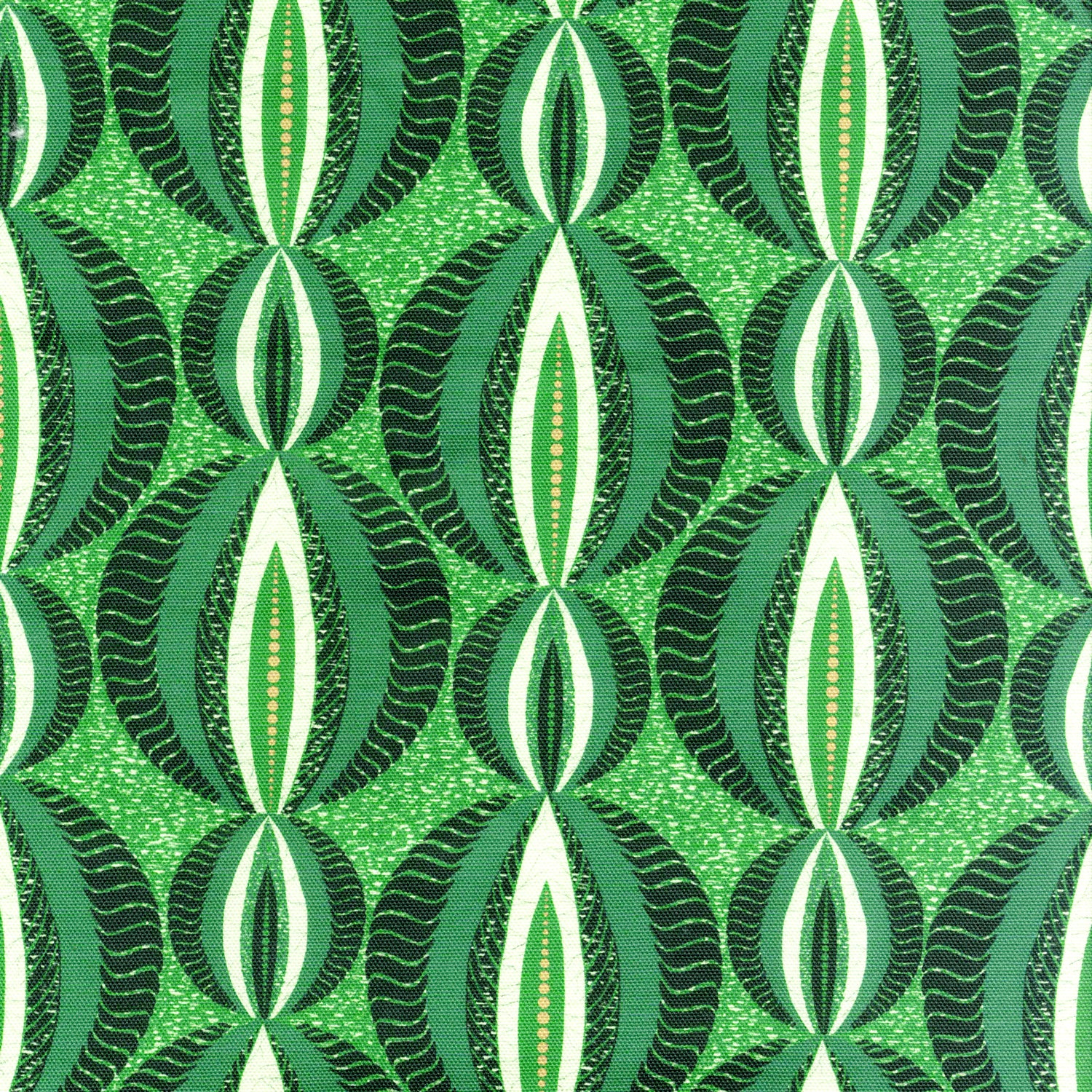Detail of fabric in an interlocking circular stripe print in shades of green on a dark green field.