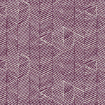 Detail of fabric in a dense herringbone print in purple on a tan field.