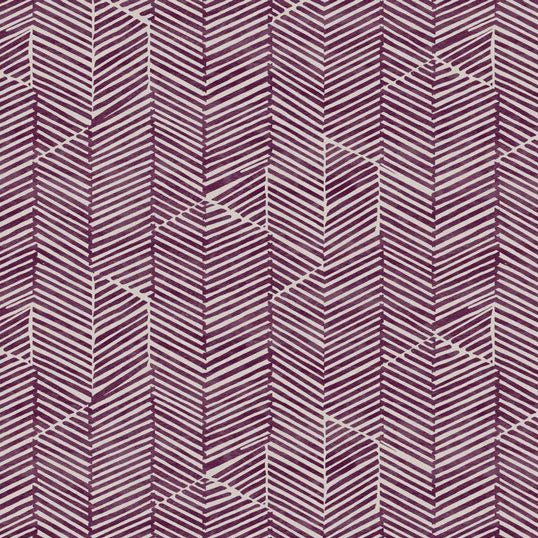 Detail of fabric in a dense herringbone print in purple on a tan field.