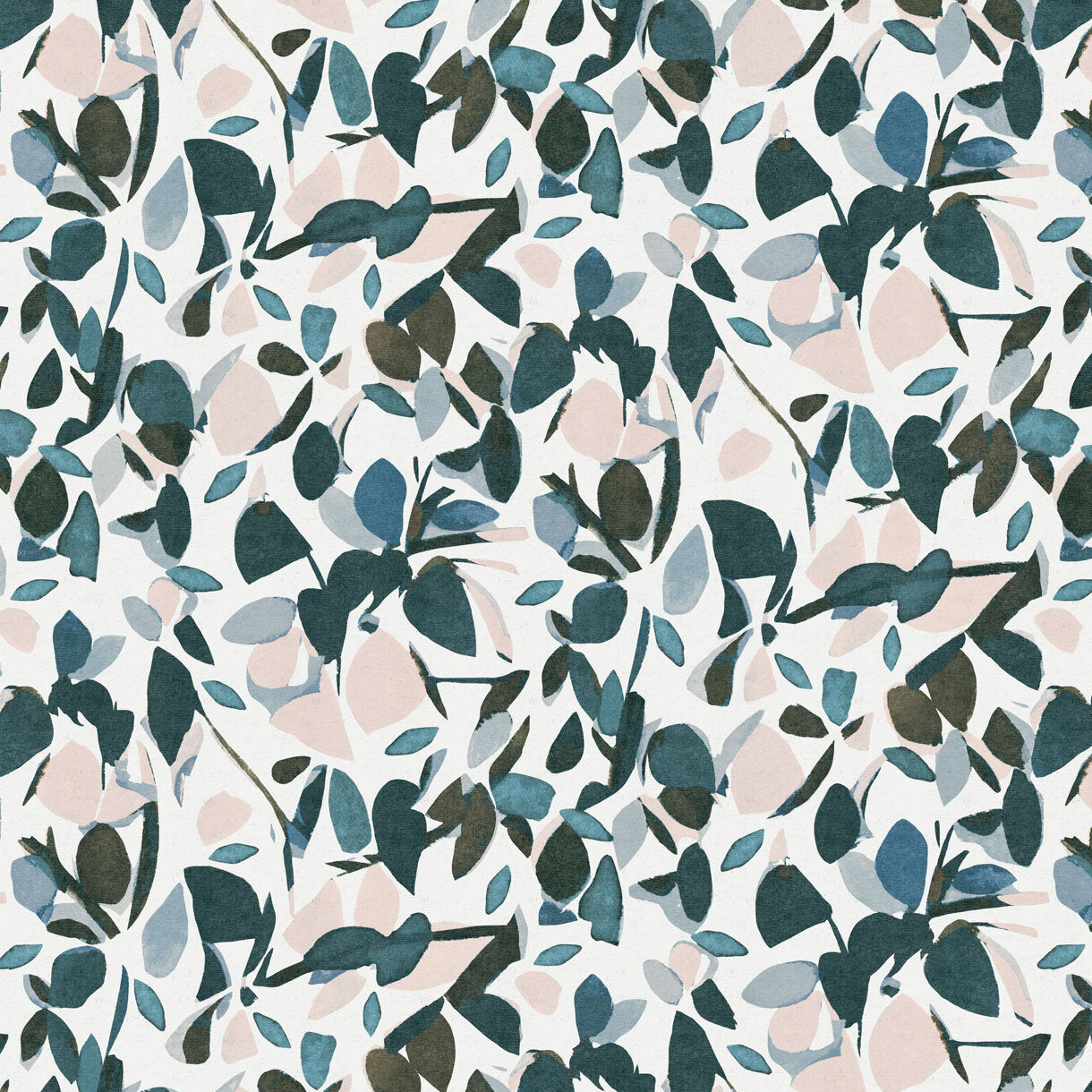 Detail of fabric in a minimal leaf print in shades of blue, brown and pink on a white field.