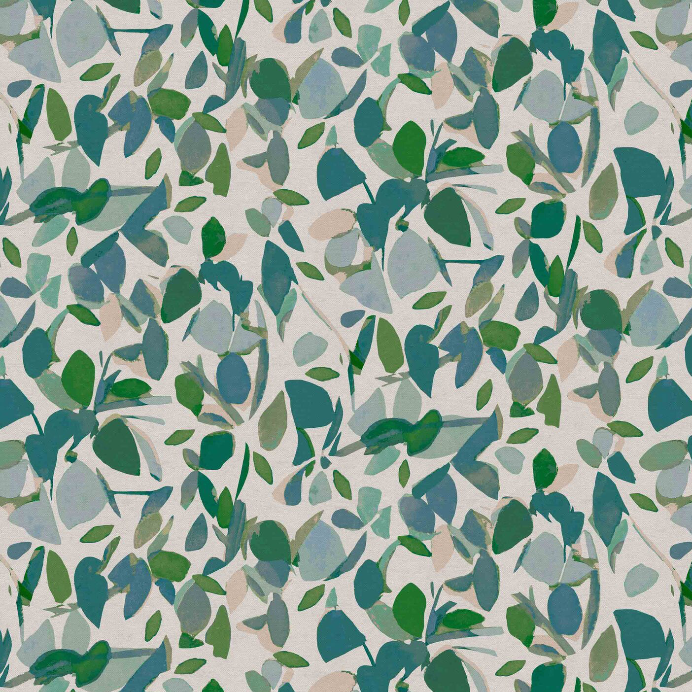 Detail of fabric in a minimal leaf print in shades of blue, green and pink on a tan field.