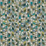 Detail of fabric in a small-scale playful geometric print in shades of blue, green, white and brown.