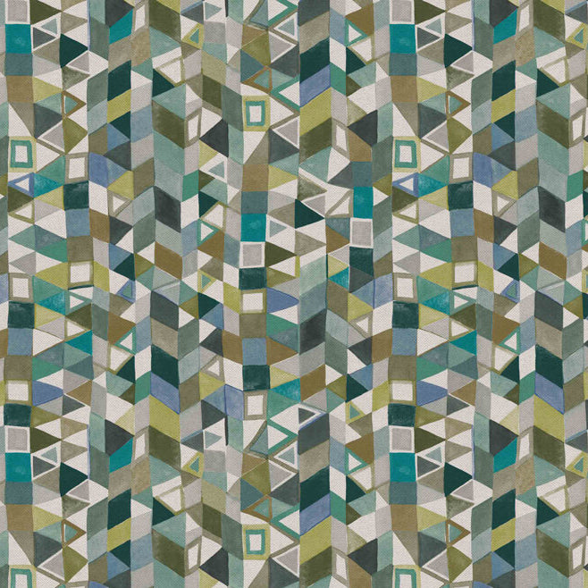 Detail of fabric in a small-scale playful geometric print in shades of blue, green, white and brown.