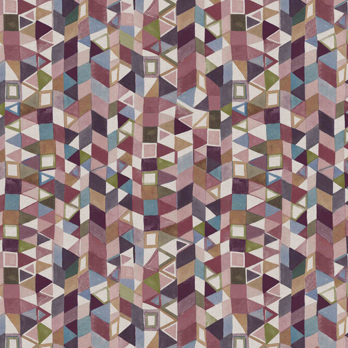 Detail of fabric in a small-scale playful geometric print in shades of pink, purple, cream and green.