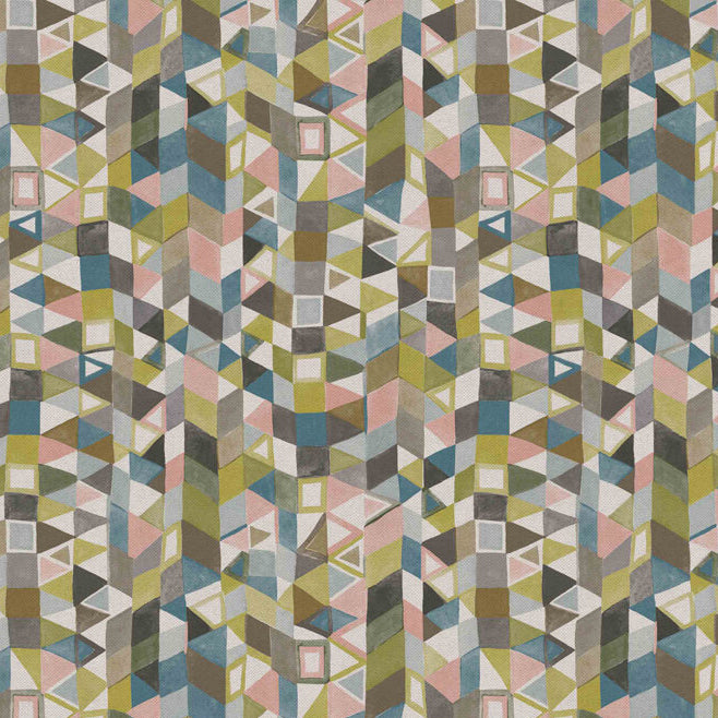 Detail of fabric in a small-scale playful geometric print in shades of pink, purple, green and brown.
