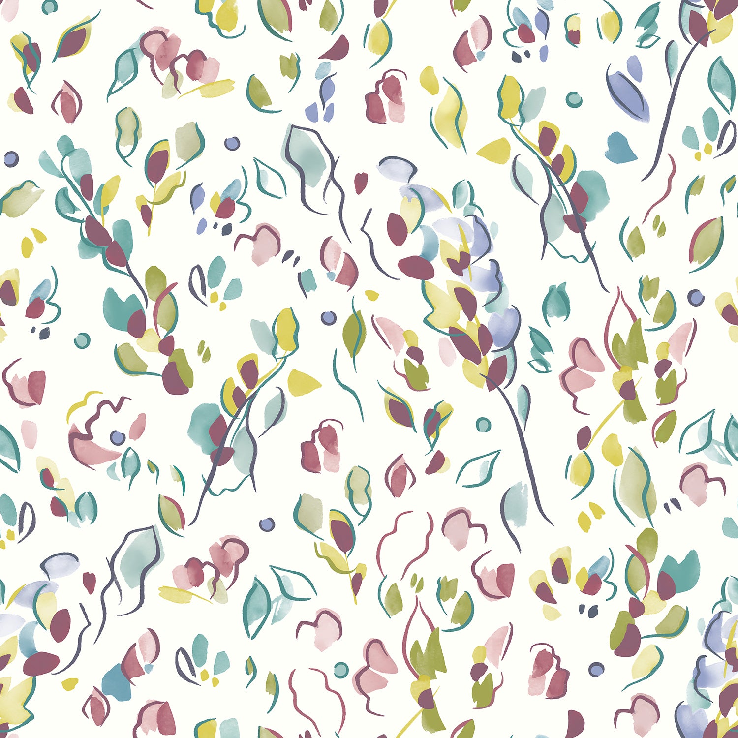 Detail of wallpaper in a painterly leaf print in shades of purple, blue and green on a white field.