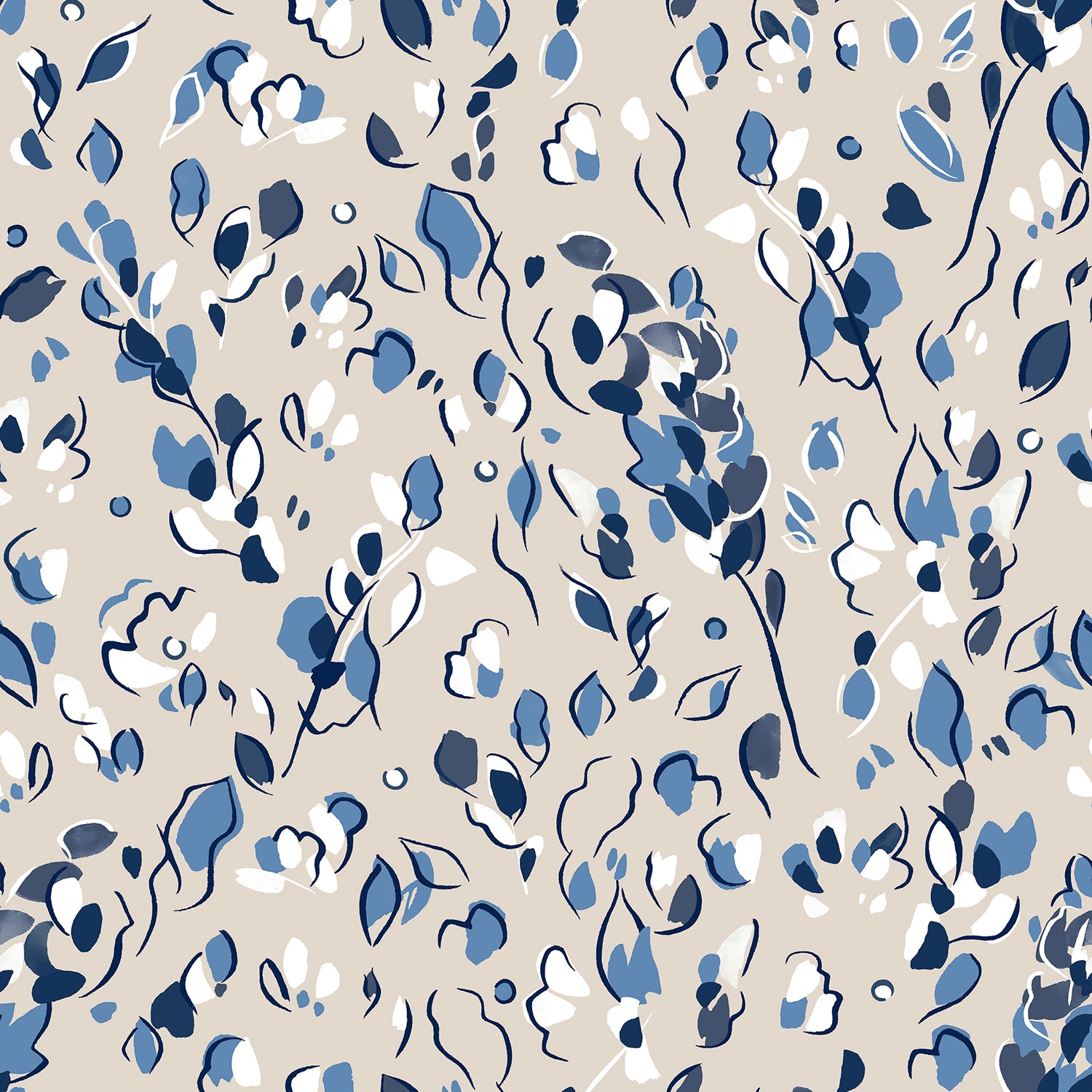 Detail of wallpaper in a painterly leaf print in shades of navy and white on a tan field.