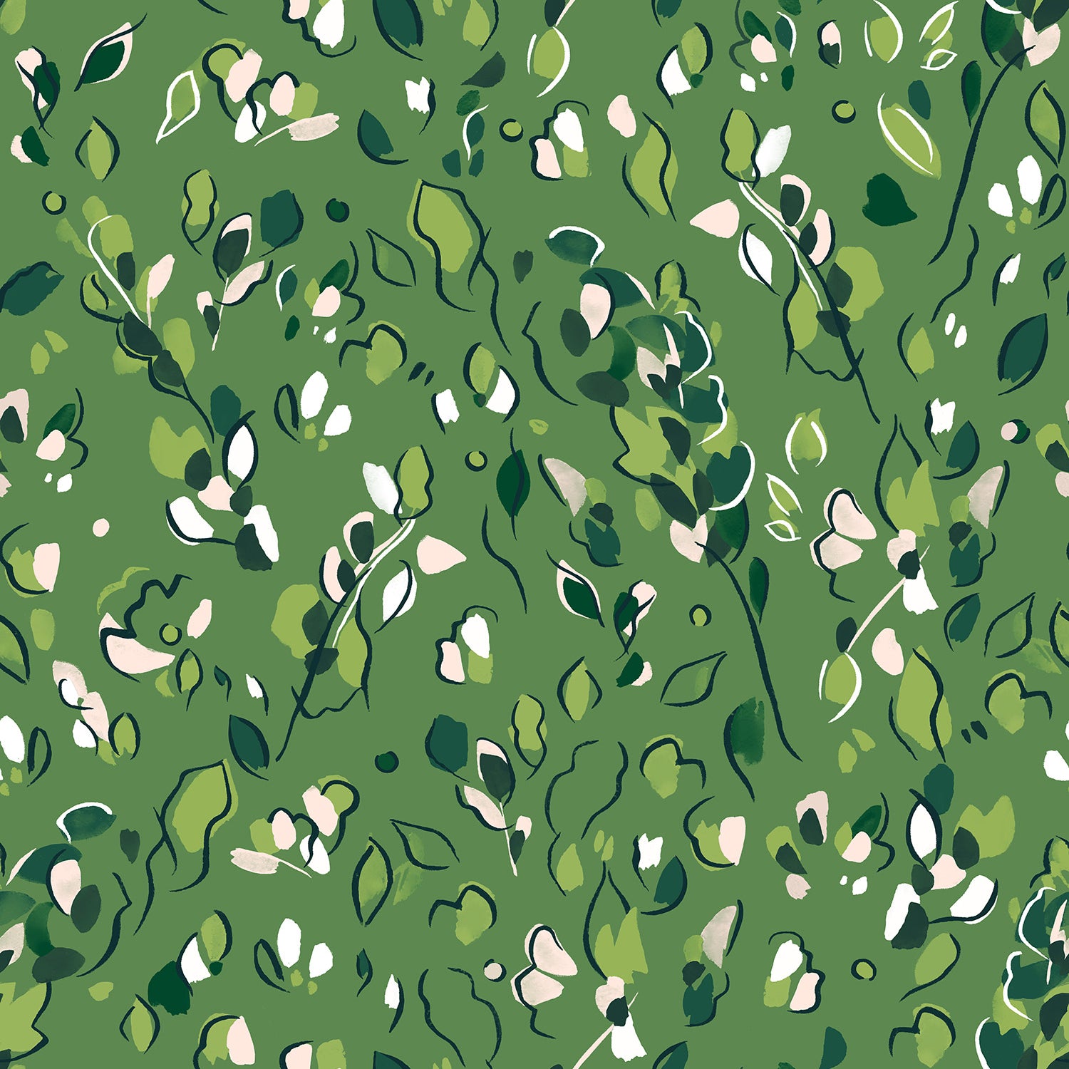 Detail of fabric in a painterly leaf print in shades of green and white on a kelly green field.