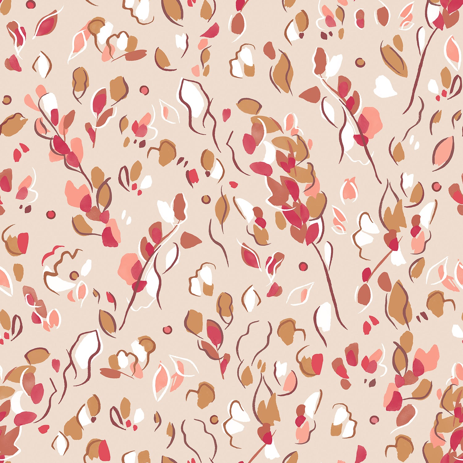 Detail of wallpaper in a painterly leaf print in shades of pink and brown on a tan field.
