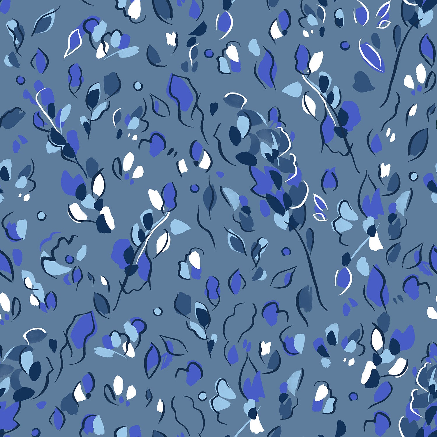 Detail of fabric in a painterly leaf print in shades of white, blue and navy on a blue field.