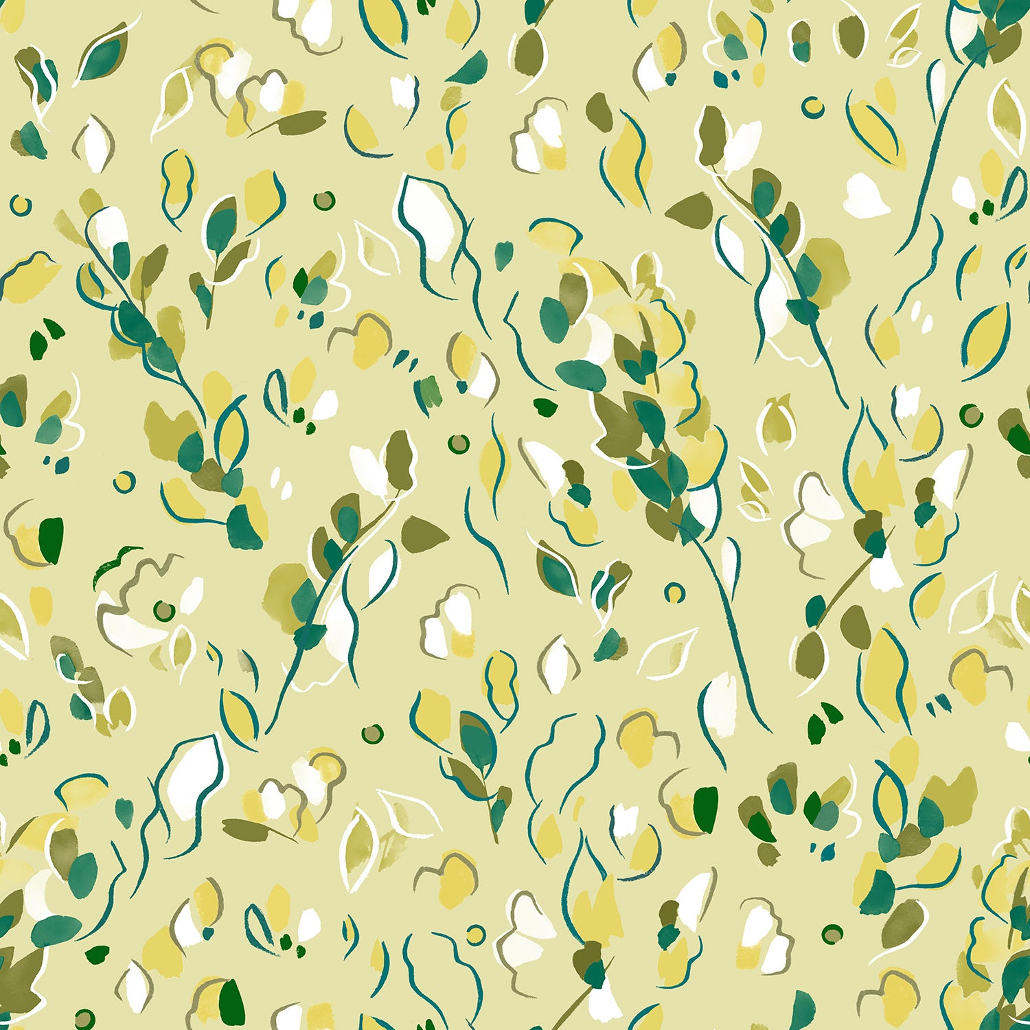 Detail of fabric in a painterly leaf print in shades of green and yellow on a light yellow field.