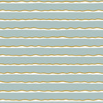 Detail of wallpaper in an undulating stripe pattern in gold, white and blue-gray.