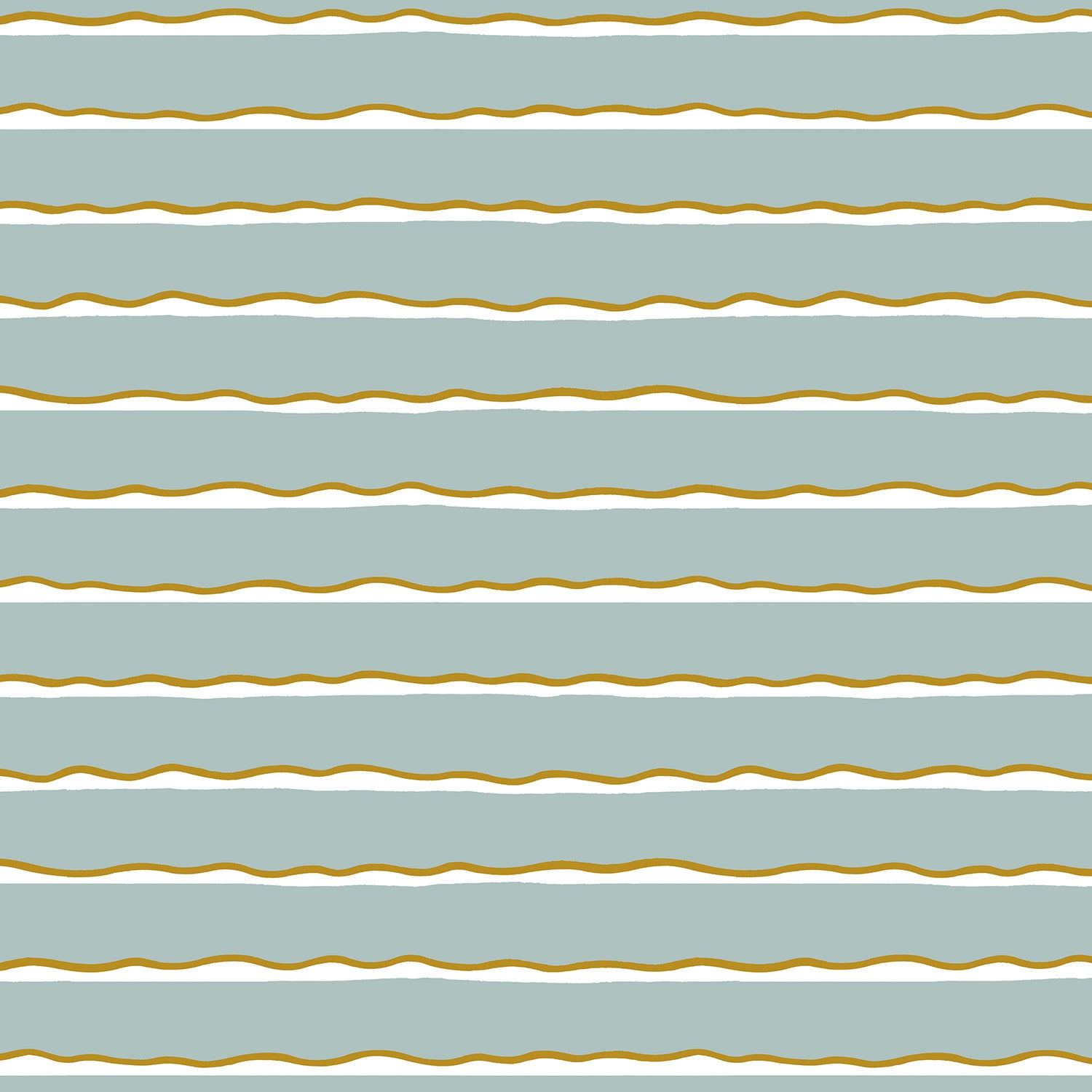 Detail of wallpaper in an undulating stripe pattern in gold, white and blue-gray.