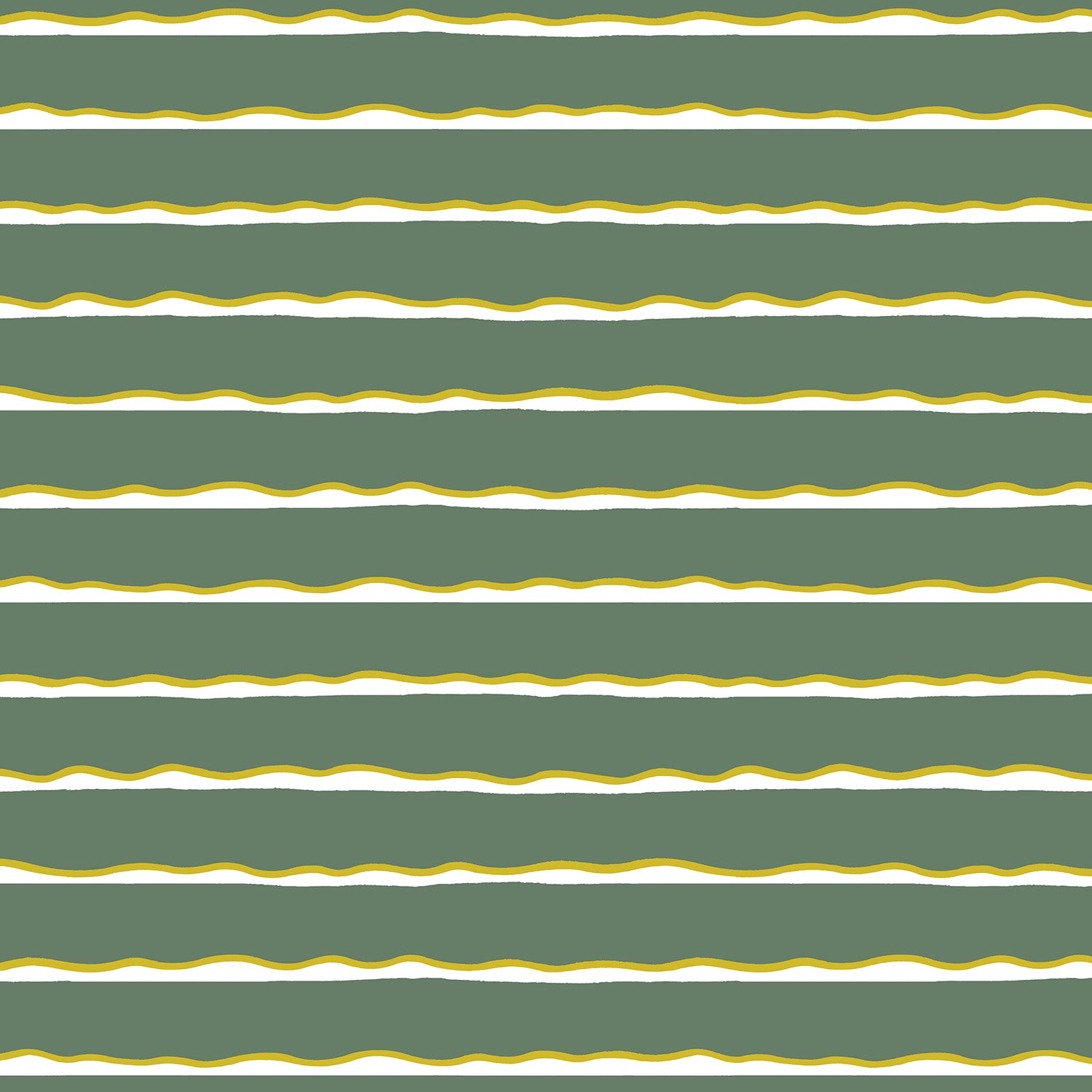 Detail of wallpaper in an undulating stripe pattern in mustard, white and sage.
