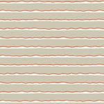 Detail of wallpaper in an undulating stripe pattern in coral, white and tan.