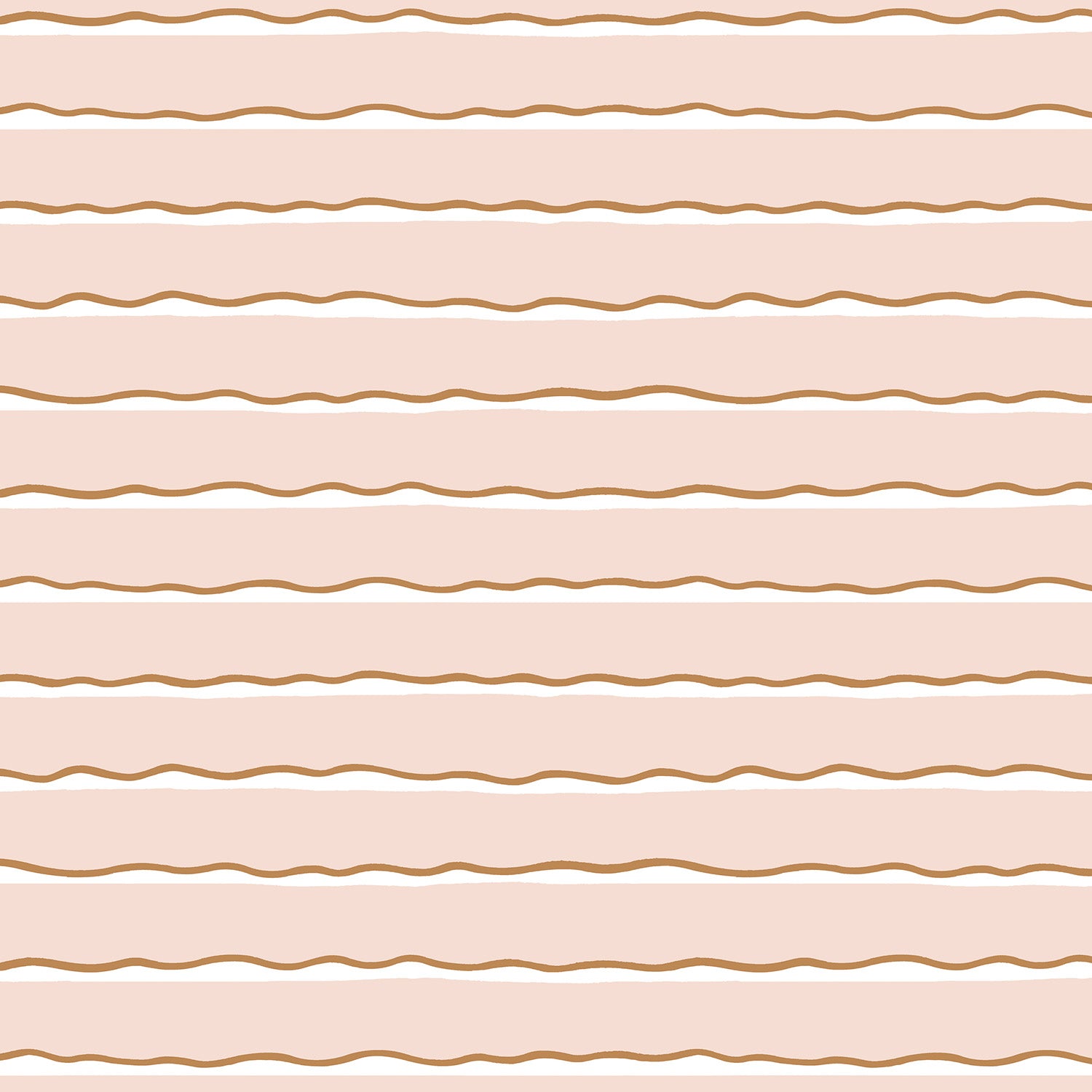 Detail of wallpaper in an undulating stripe pattern in pink, white and gold.
