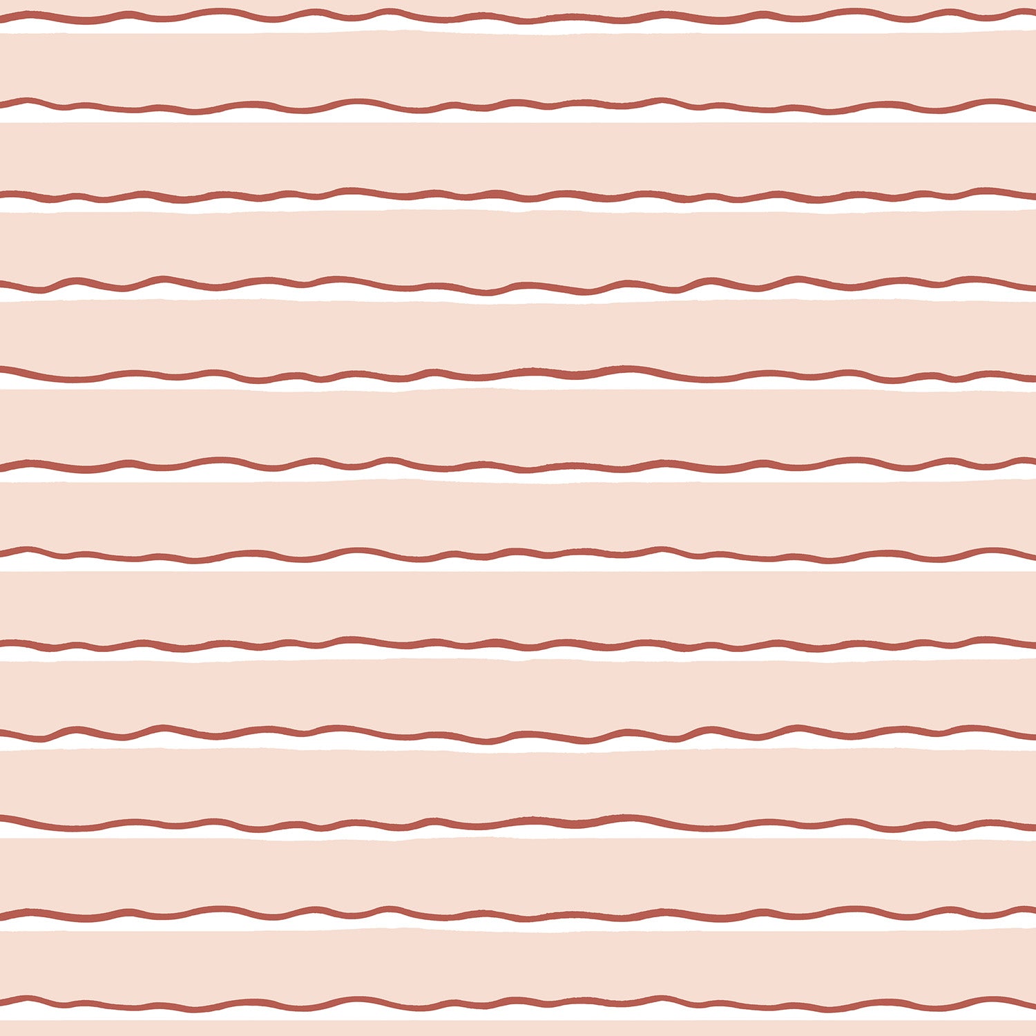 Detail of wallpaper in an undulating stripe pattern in pink, white and rust.