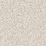 Detail of wallpaper in a minimalist floral print in gray on a tan field.