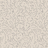 Detail of wallpaper in a minimalist floral print in gray on a tan field.
