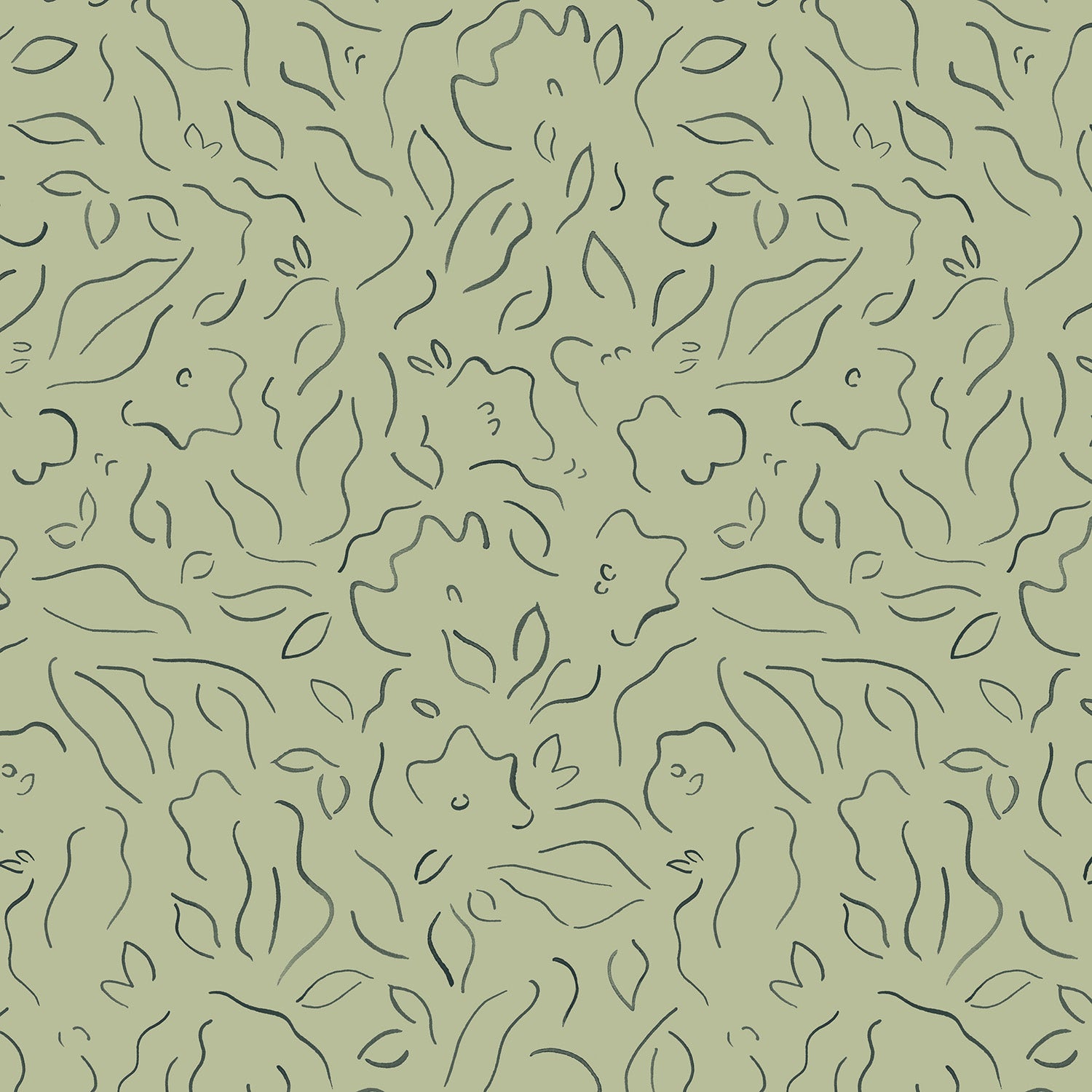 Detail of wallpaper in a minimalist floral print in sage on a green field.