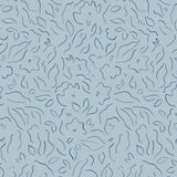 Detail of wallpaper in a minimalist floral print in navy on a blue field.
