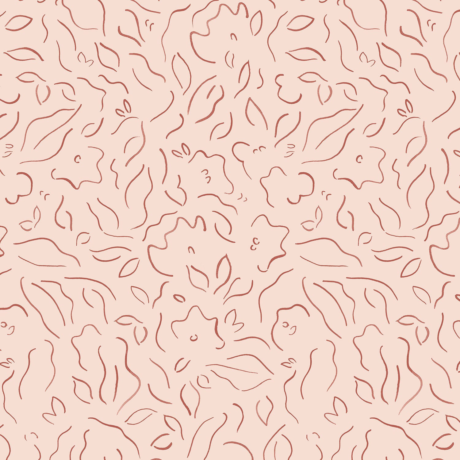 Detail of wallpaper in a minimalist floral print in red on a light pink field.
