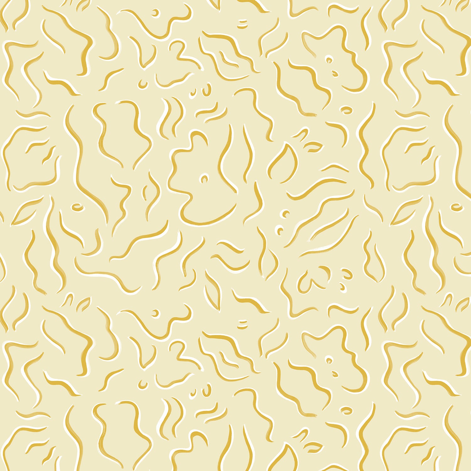 Detail of wallpaper in a painterly floral print in yellow and white on a light yellow field.