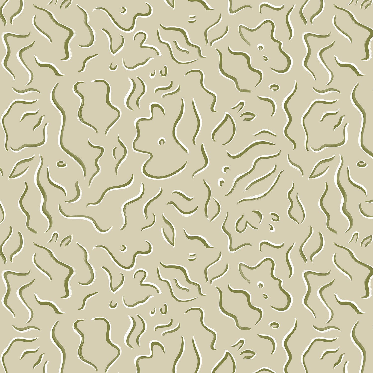 Detail of wallpaper in a painterly floral print in sage and white on a light green field.