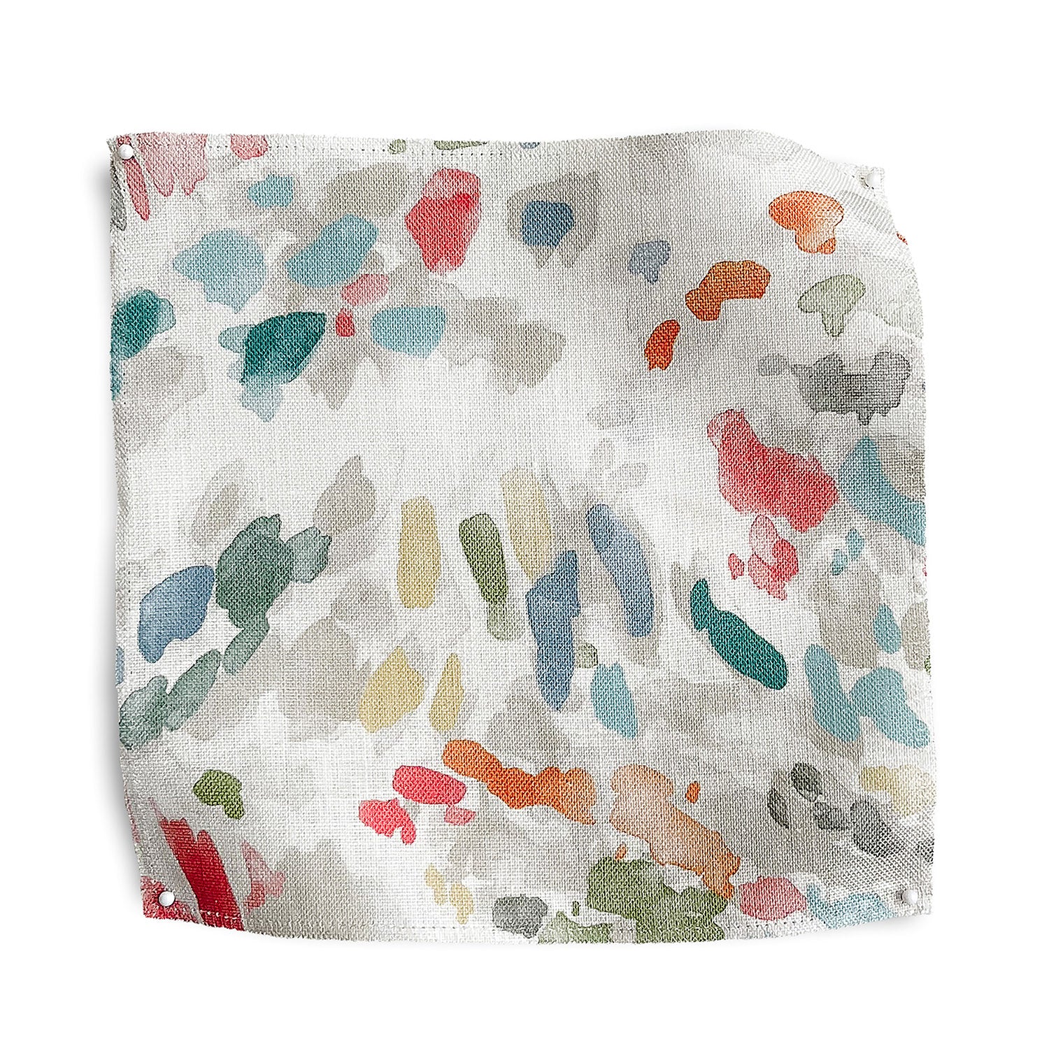 Square fabric swatch in a painterly cloud print in shades of red, green, tan and blue on a cream field.
