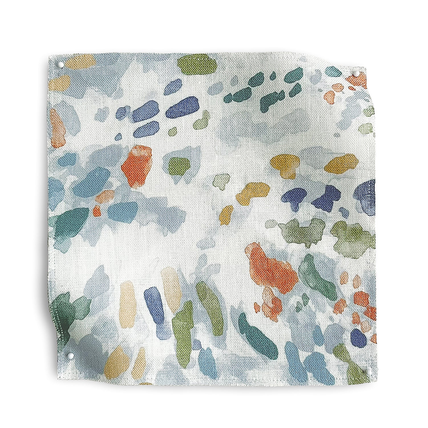 Square fabric swatch in a painterly cloud print in shades of red, green, yellow and blue on a cream field.