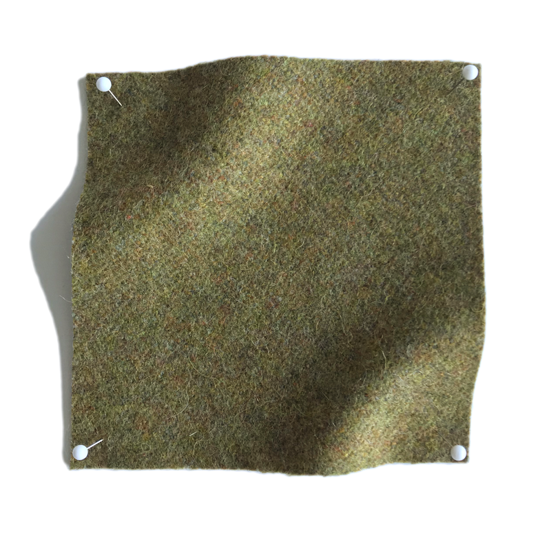Square fabric swatch of wool in an olive colorway.