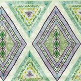 Detail of fabric in an intricate diamond grid pattern in shades of green and purple.