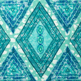 Detail of fabric in an intricate diamond grid pattern in shades of blue and turquoise.