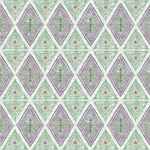 Detail of wallpaper in an intricate diamond grid pattern in shades of green and purple.