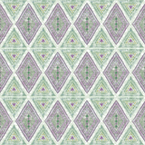 Detail of wallpaper in an intricate diamond grid pattern in shades of green and purple.