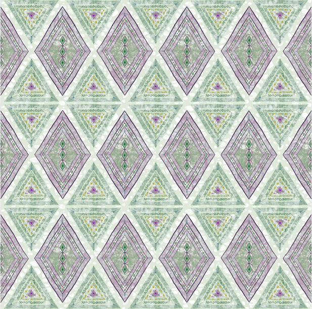 Detail of wallpaper in an intricate diamond grid pattern in shades of green and purple.