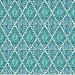Detail of wallpaper in an intricate diamond grid pattern in shades of blue and turquoise.