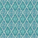 Detail of wallpaper in an intricate diamond grid pattern in shades of blue and turquoise.